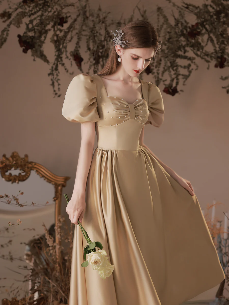 Simple Satin Tea Length Champagne Prom Dress, Satin Evening Dresses - Deanwangkt