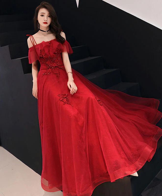 Red Tulle Lace Long Prom Dress Red Lace Formal Party Dress - Deanwangkt