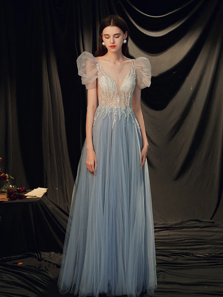 Gray Blue V Neck Tulle Sequin Long Prom Dress, Gray Blue Evening Dress - Deanwangkt