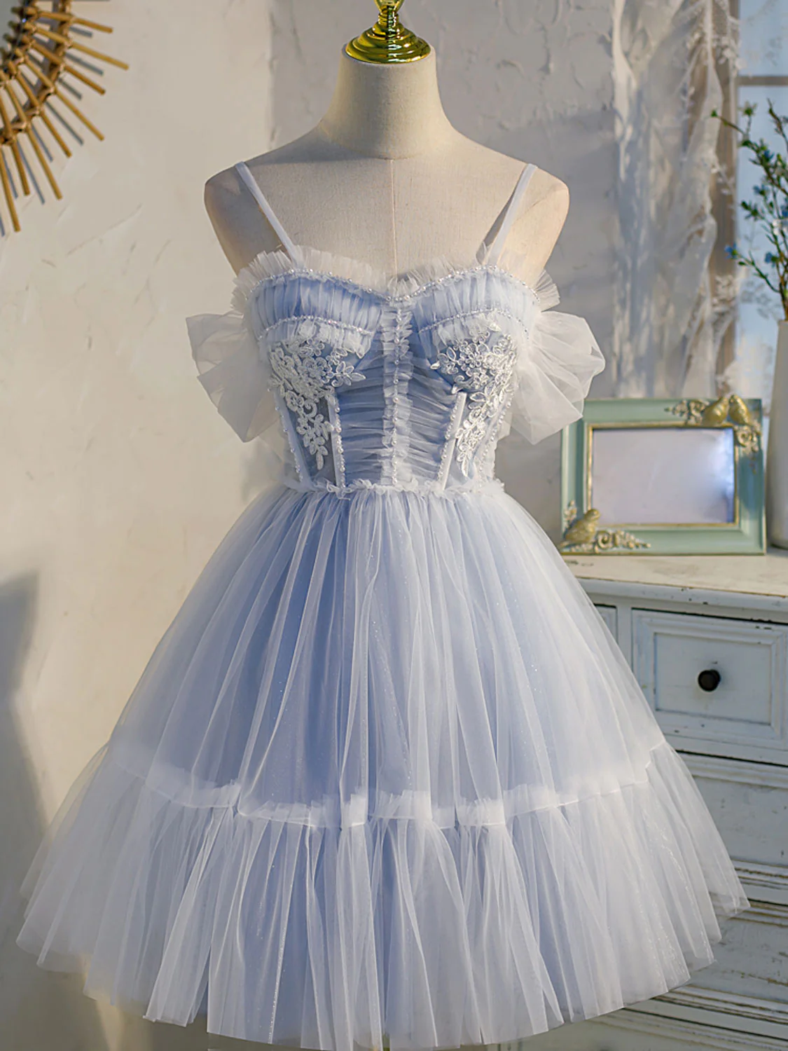 Blue sweetheart neck tulle lace short prom dress blue puffy homecoming dress - Deanwangkt
