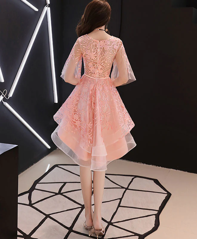 Pink Lace Tulle High Low Prom Dress, Pink Homecoming Dress - Deanwangkt