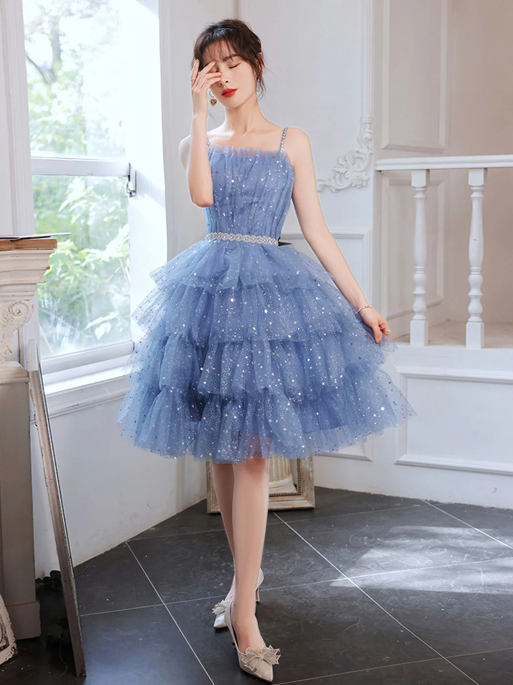 Short Puffy Blue Prom Dress, Tulle Short Blue Puffy Homecoming Dress - Deanwangkt