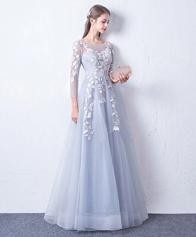 Gray Blue Cute Round Neck Lace Applique Tulle Long Prom Dress, Evening Dress - Deanwangkt