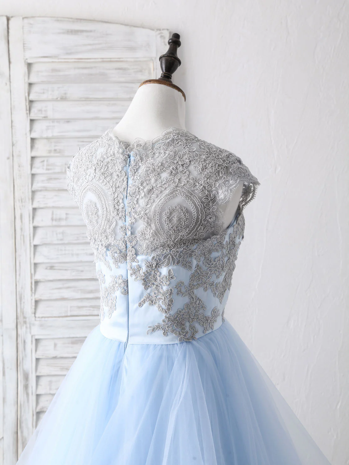 Blue Tulle Lace Applique Long Prom Dress Blue Tulle Sweet 16 Dress - Deanwangkt