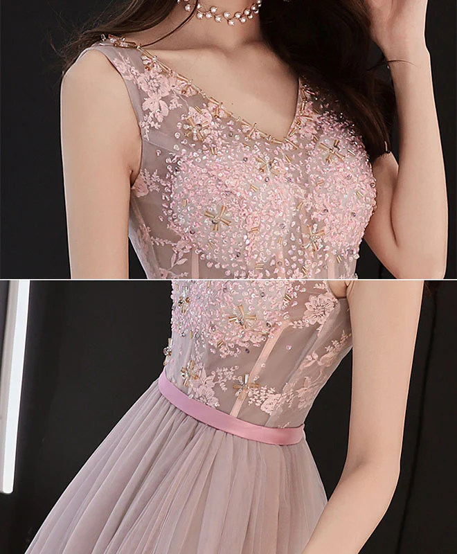 Dusty Pink V Neck Sequins Long Prom Dress, Evening Dress - Deanwangkt