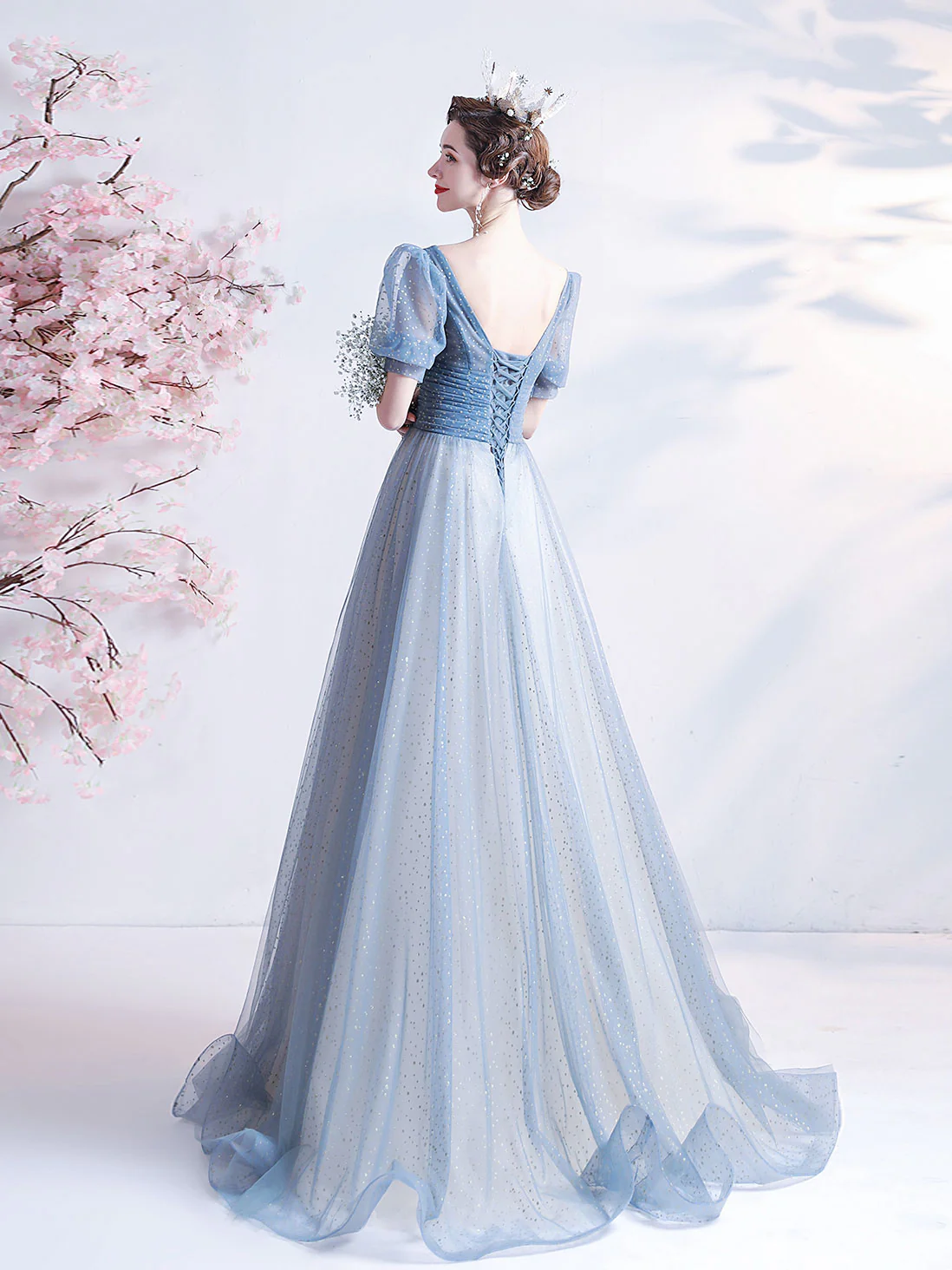 A-Line V Neck Tulle Gray Blue Long Prom Dress, Gray Blue Formal Dresses - Deanwangkt