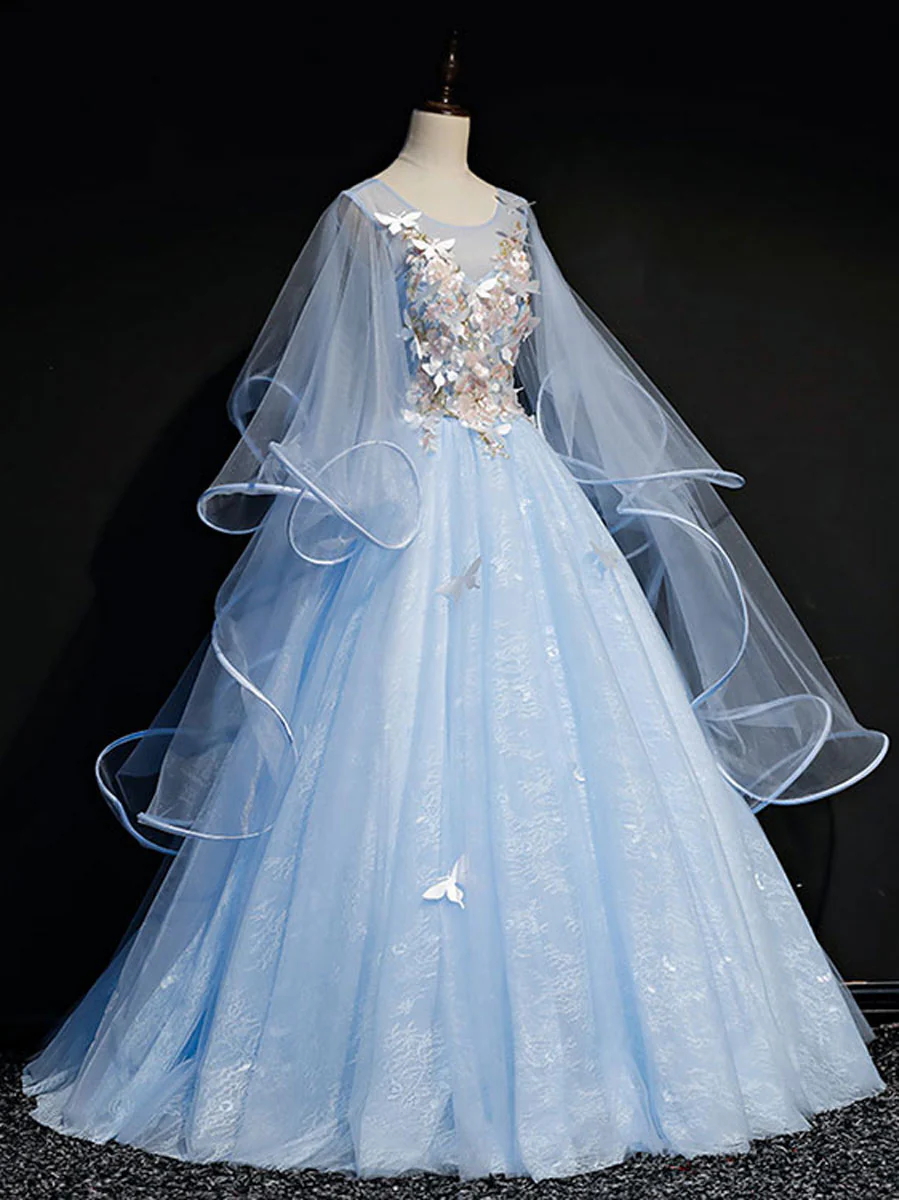 Blue Round Neck Tulle Lace Long Prom Dresses, Blue Sweet 16 Dresses - Deanwangkt