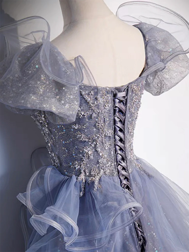A-Line Sweetheart Neck Tulle Sequin Gray Blue Long Prom Dress, Gray Blue Long Formal Dress - Deanwangkt