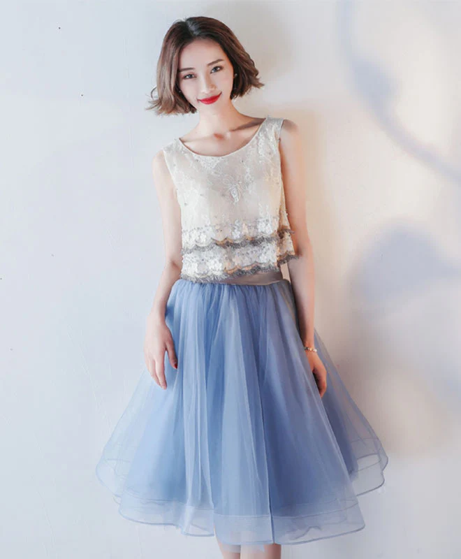 Blue Lace Tulle Knee Length Prom Dress, Blue Lace Homecoming Dress - Deanwangkt