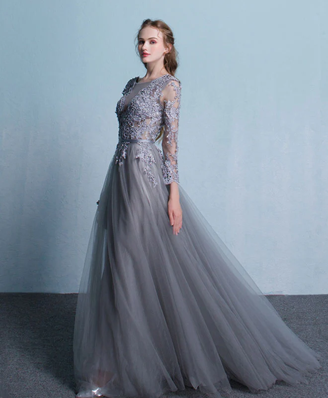 Gray Round Neck Lace Tulle Long Prom Dress, Gray Lace Evening Dress - Deanwangkt