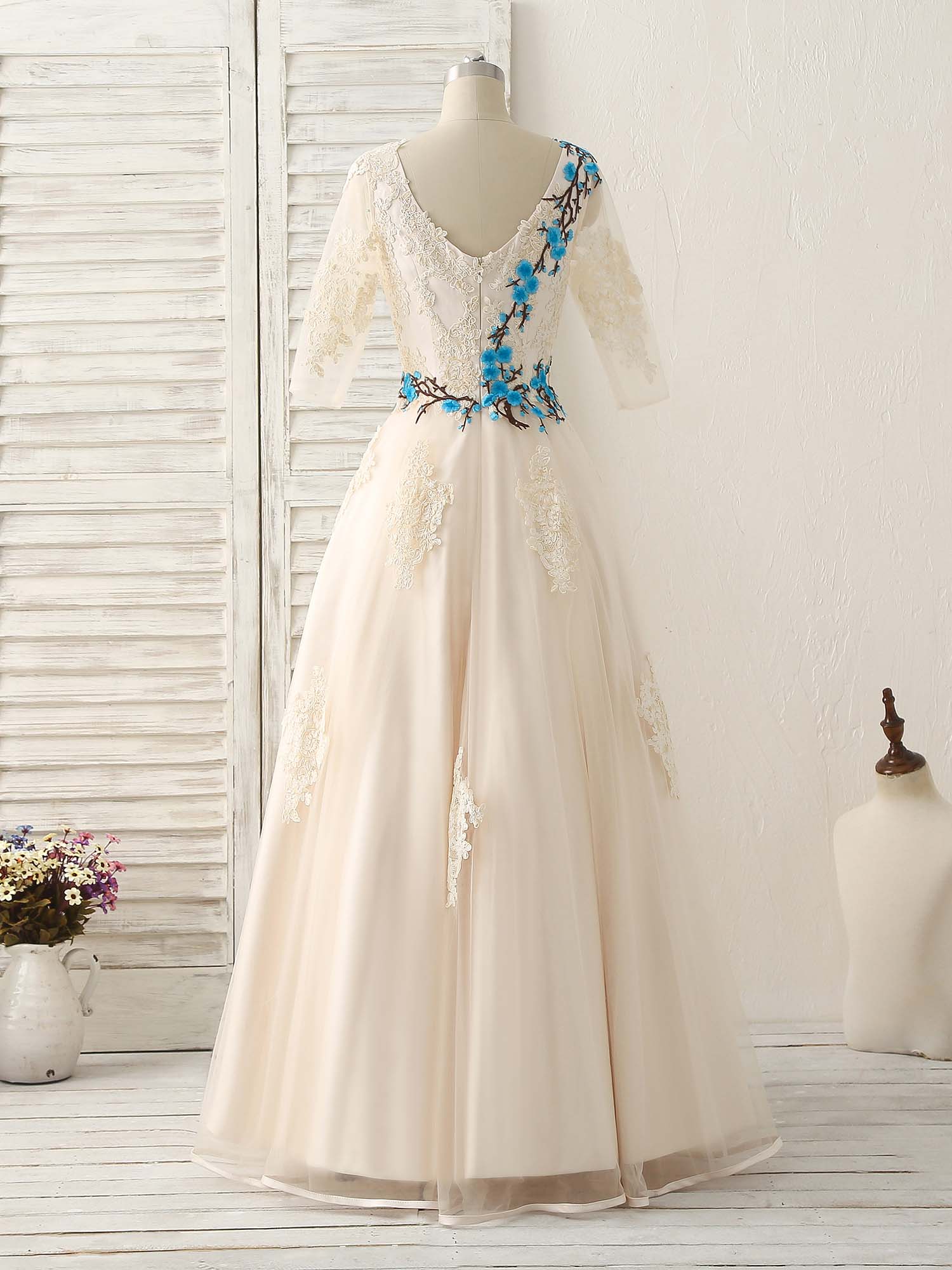 Unique Lace Applique Tulle Long Prom Dress Light Champagne Bridesmaid Dress - Deanwangkt
