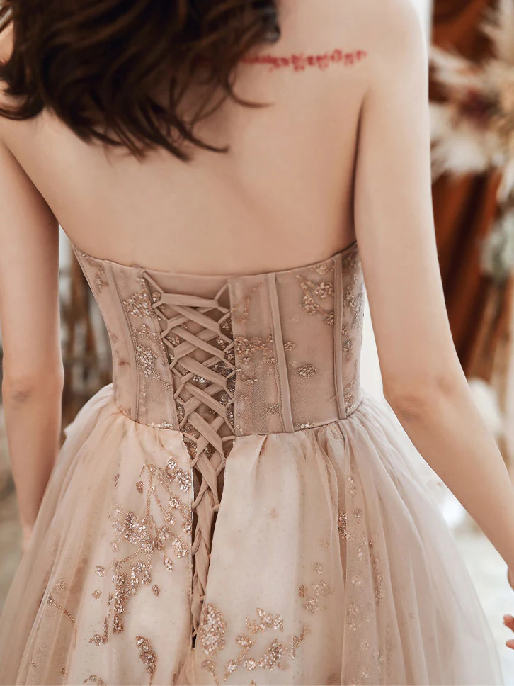 A-line Champagne Tulle Lace Long Prom Dress Lace Evening Dress - Deanwangkt