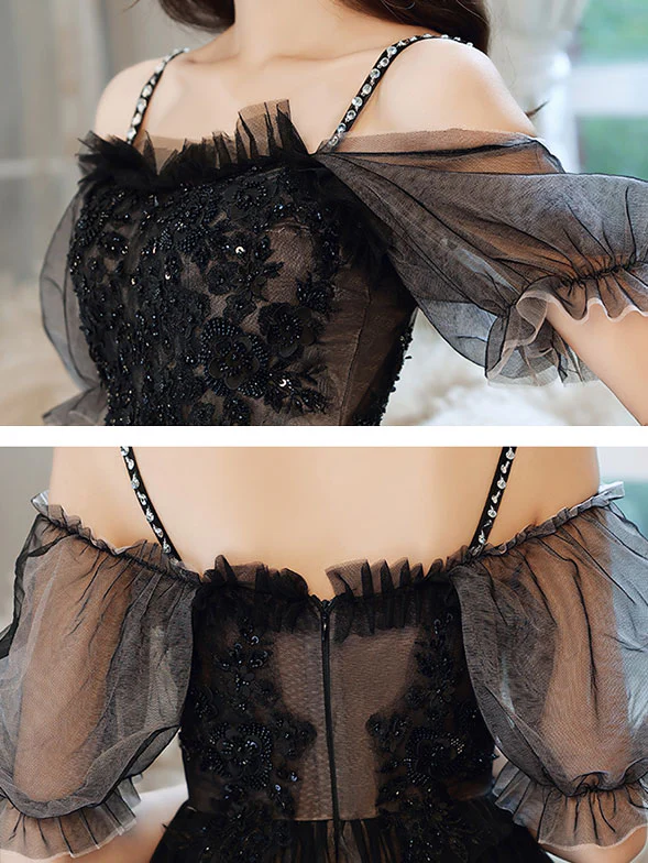 Black Sweetheart Tulle Lace High Low Prom Dress, Black Homecoming Dress - Deanwangkt
