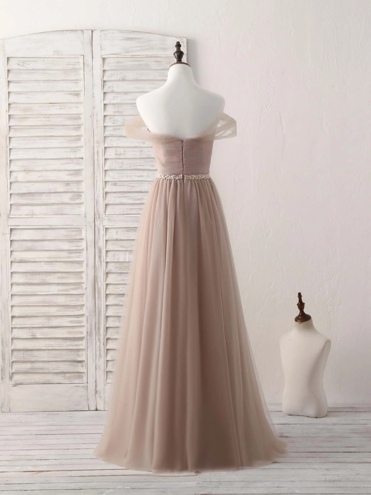Champagne Off Shoulder Tulle Long Prom Dress, Champagne Evening Dress - Deanwangkt