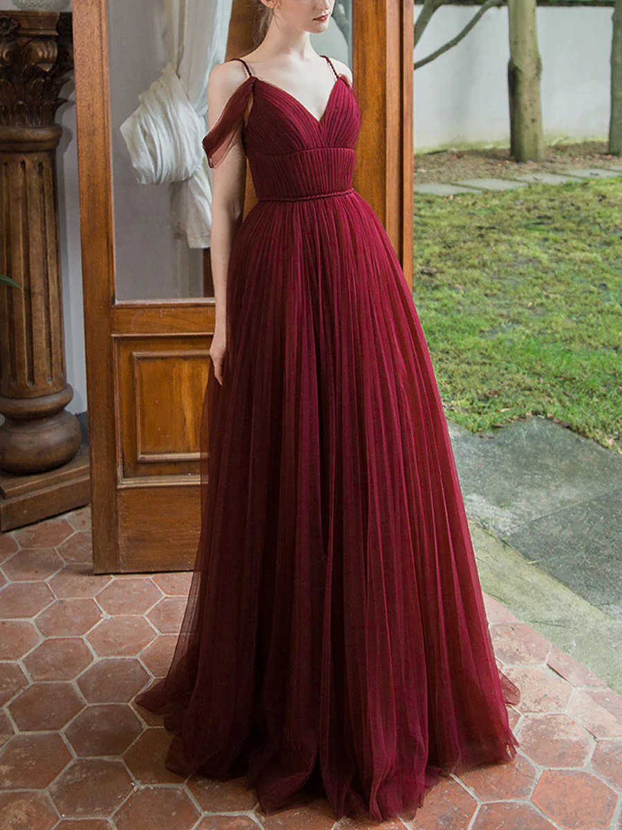 Simple Burgundy V Neck Tulle Long Prom Dress, Burgundy Bridesmaid Dress - Deanwangkt