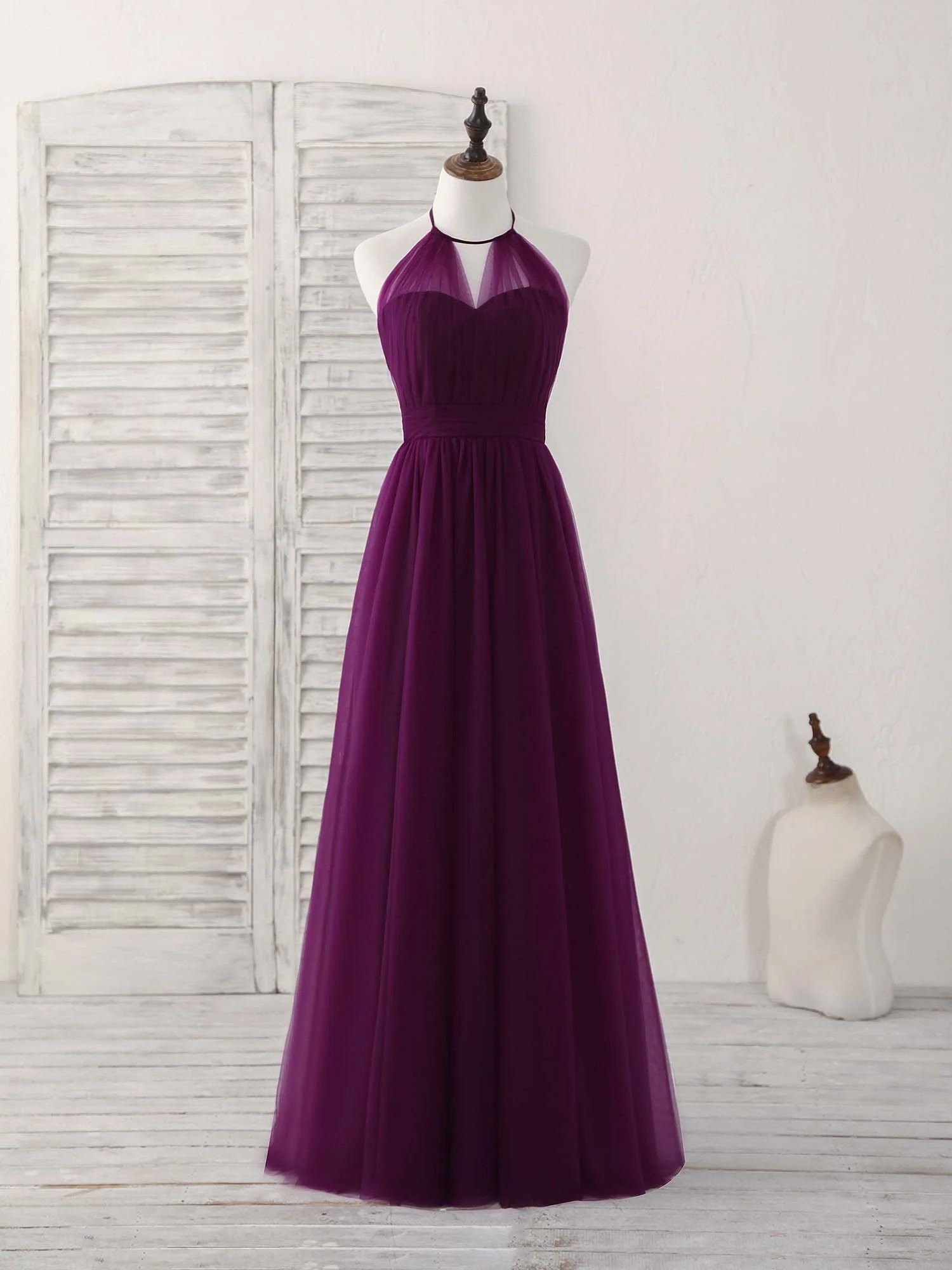 Simple Tulle A-Line Purple Long Prom Dress, Bridesmaid Dress - Deanwangkt