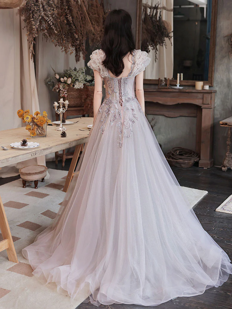 Elegant Tulle Sequin Beads Long Prom Dress Tulle Formal Dress - Deanwangkt