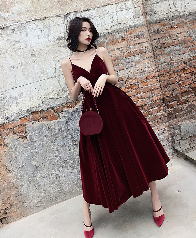 Simple Burgundy Tea Length Prom Dress, Burgundy Bridesmaid Dress - Deanwangkt