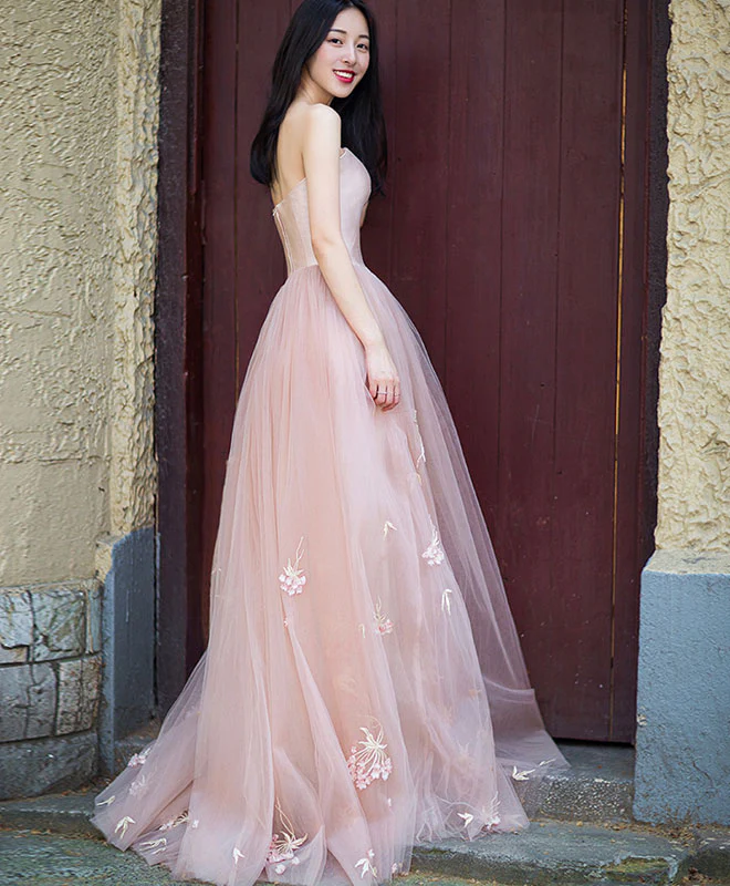 Simple Pink Tulle Long Prom Dress, Pink Tulle Formal Dress - Deanwangkt