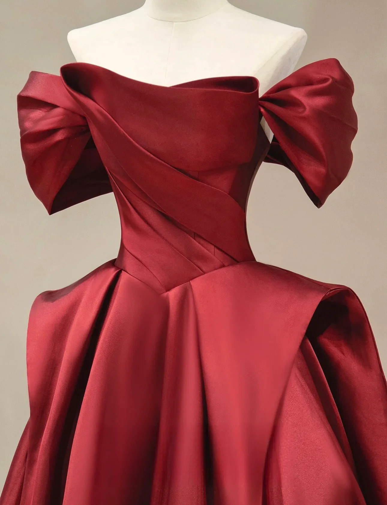 A-Line Off Shoulder Satin Burgundy Long Prom Dress, Burgundy Long Formal Dress - Deanwangkt