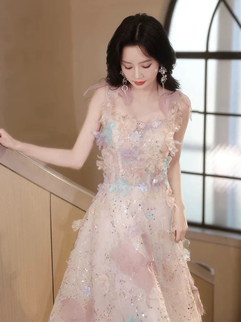 A-Line Tulle Lace Light Pink Long Prom Dress, Light Pink Formal Dress - Deanwangkt