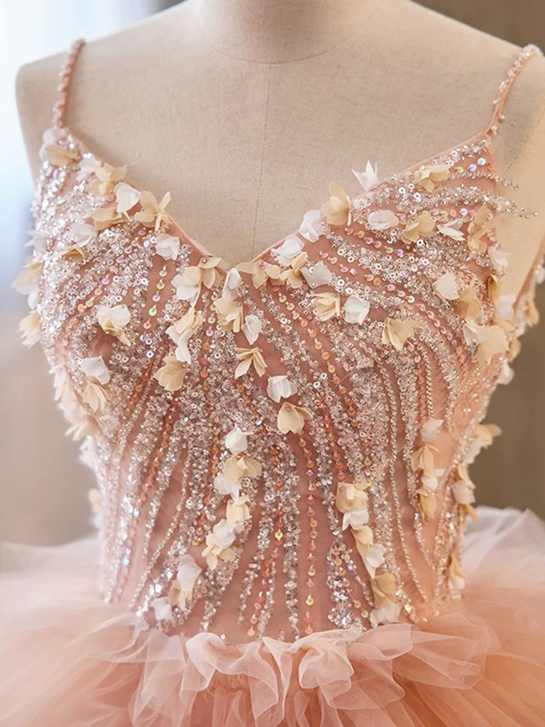 Unique V Neck Tulle Sequin Orange Pink Long Prom Dress, Orange Pink Sweet 16 Dress - Deanwangkt