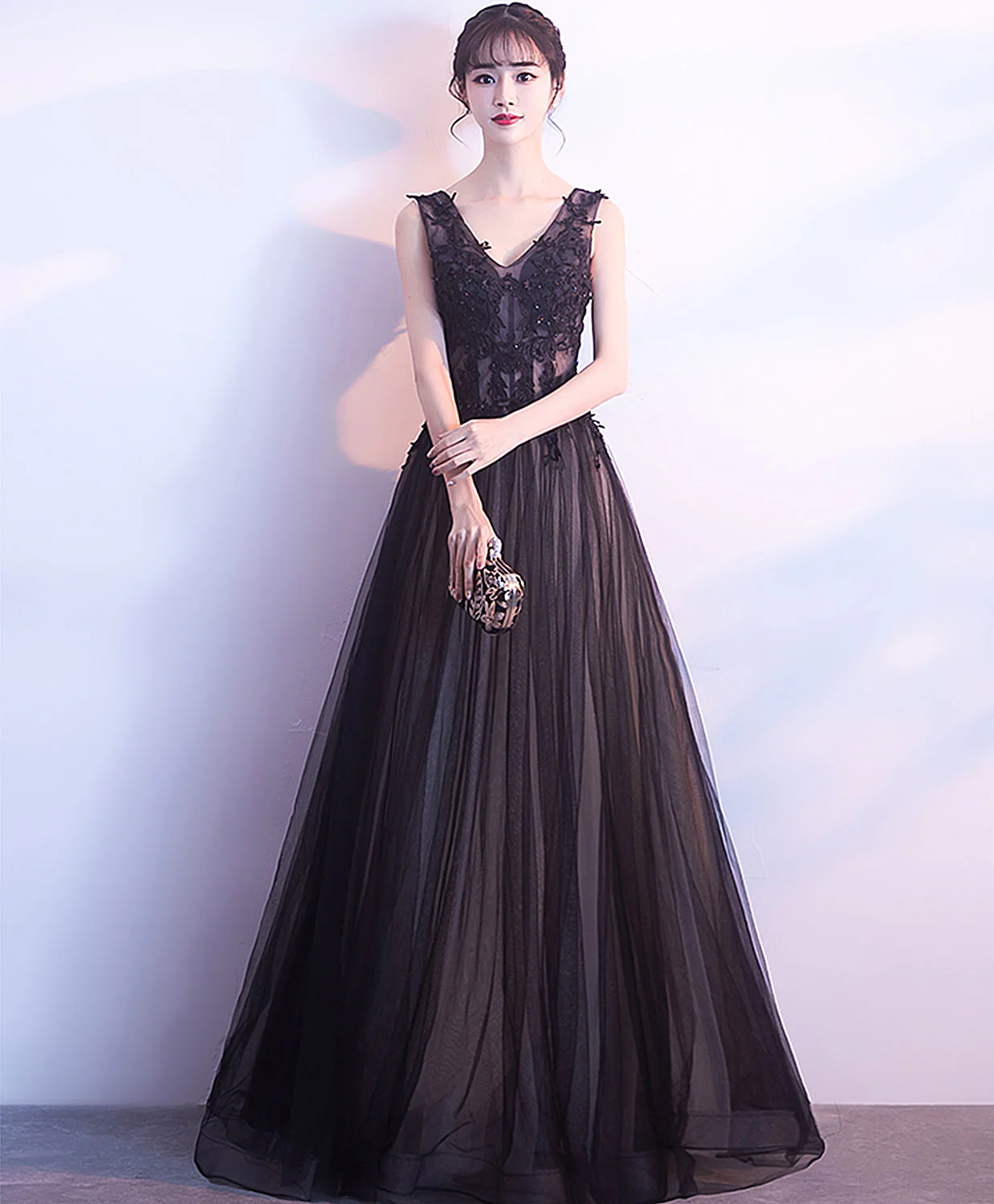 Black V Neck Tulle Lace Applique Long Prom Dress, Black Lace Bridesmaid Dress - Deanwangkt