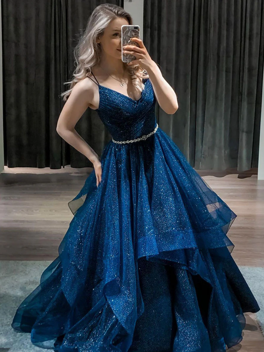Blue V Neck Tulle Sequin Long Prom Dress Blue Formal Dress - Deanwangkt