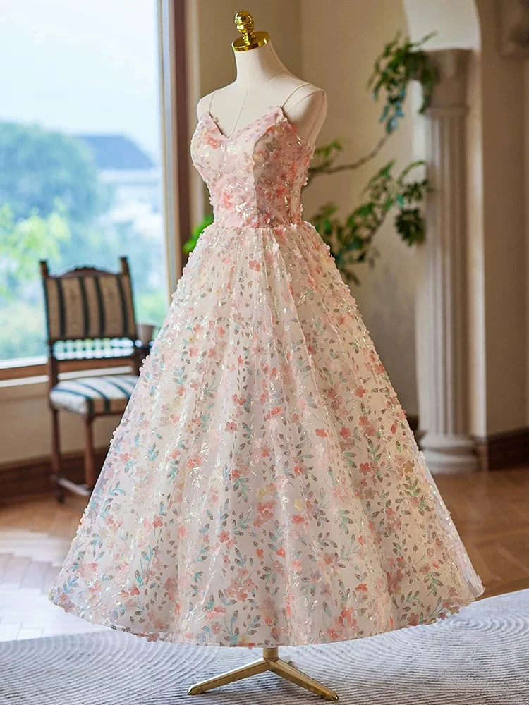 A-Line V Neck Flower Lace Tea Length Pink Prom Dress, Pink Formal Dress - Deanwangkt