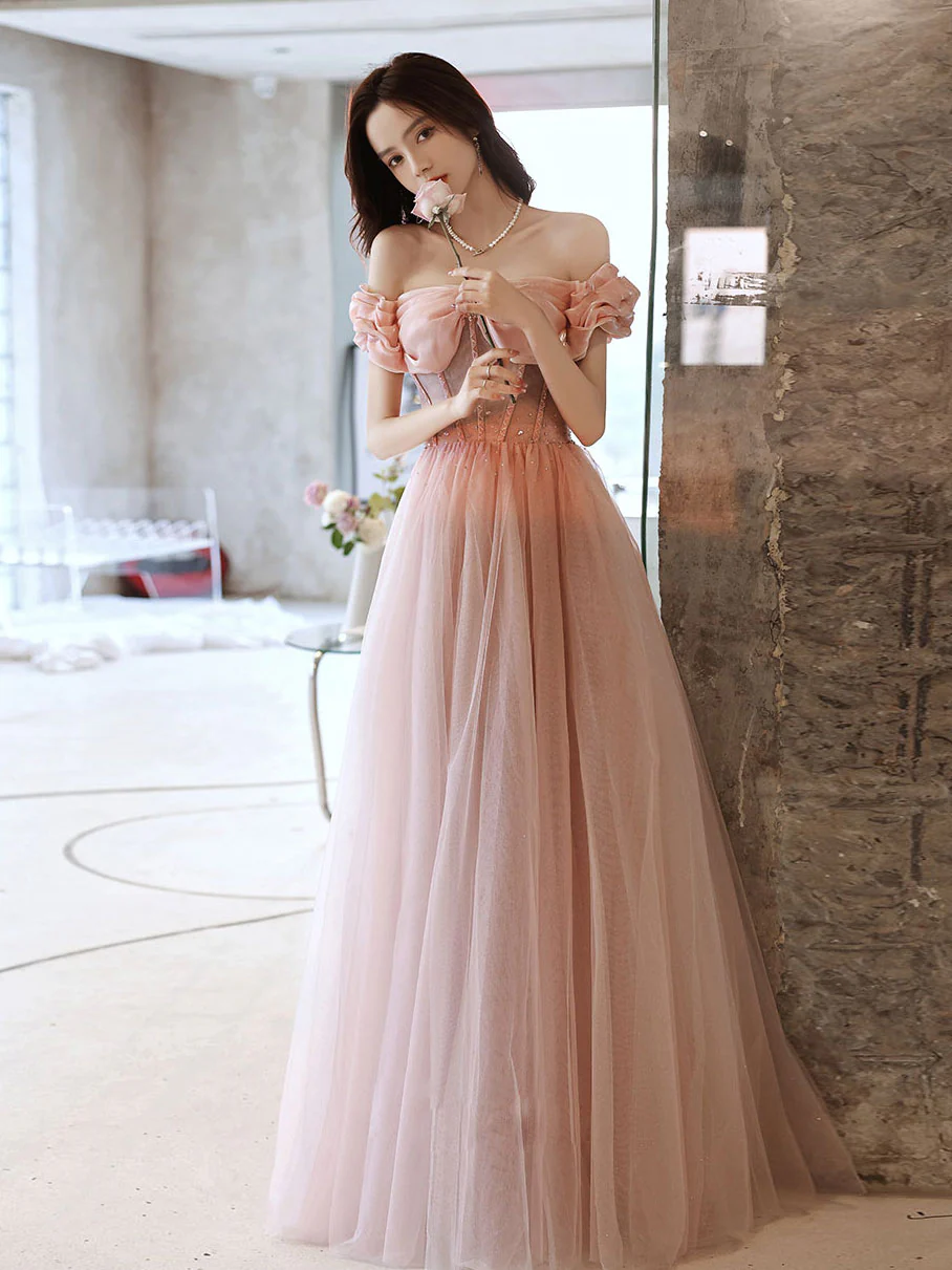 Pink Sweetheart Neck Tulle Beads Long Prom Dress, Pink Evening Dress - Deanwangkt