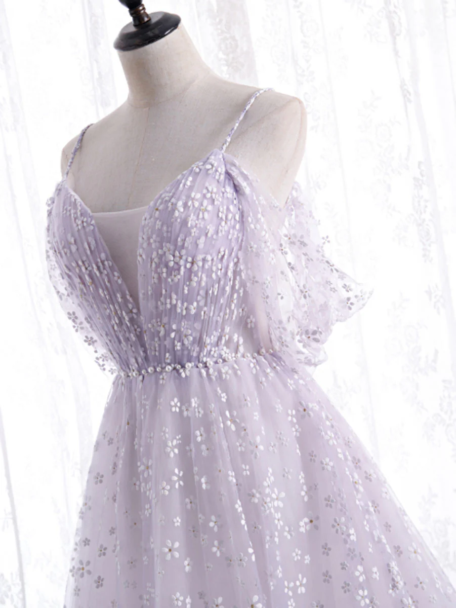 Purple tulle off shoulder long prom dress, purple evening dress - Deanwangkt