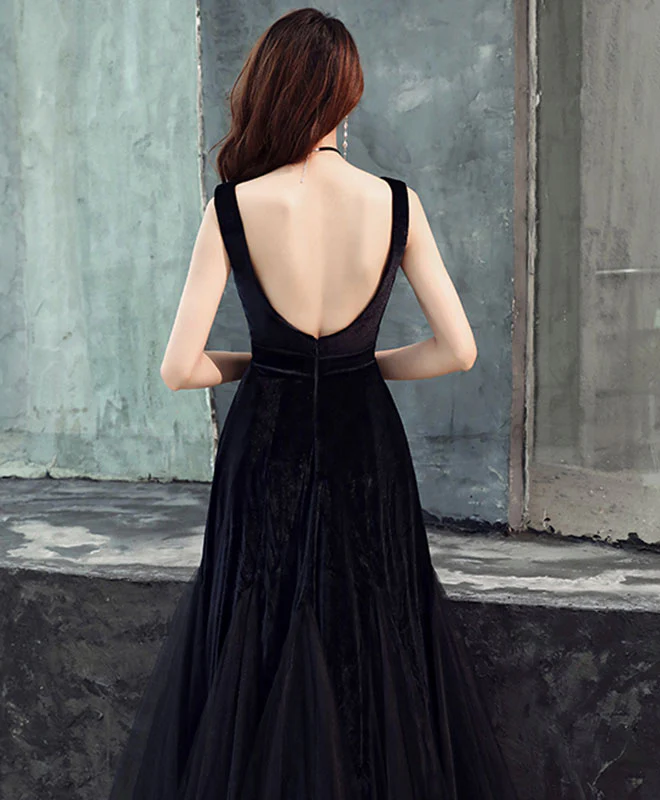 Simple Black Tulle Prom Dress, Black Velvet Tulle Formal Dress - Deanwangkt