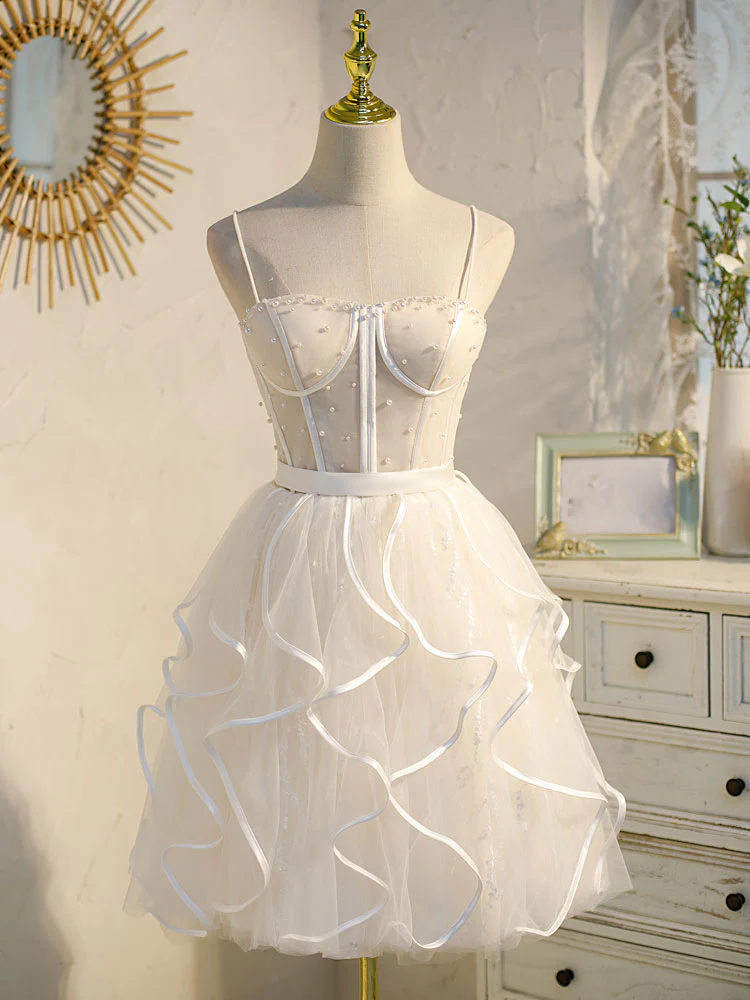 Beige Tulle Short Prom Dress, Mini/Short Beige Homecoming Dresses - Deanwangkt