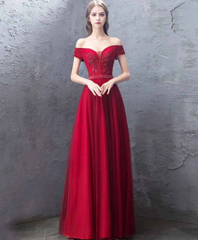 Burgundy Sweetheart Off Shoulder Long Prom Dress, Burgundy Evening Dress - Deanwangkt