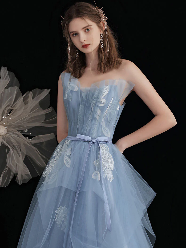 Blue Tulle Lace Tea Length Prom Dress, Lace Tulle Formal Dress - Deanwangkt