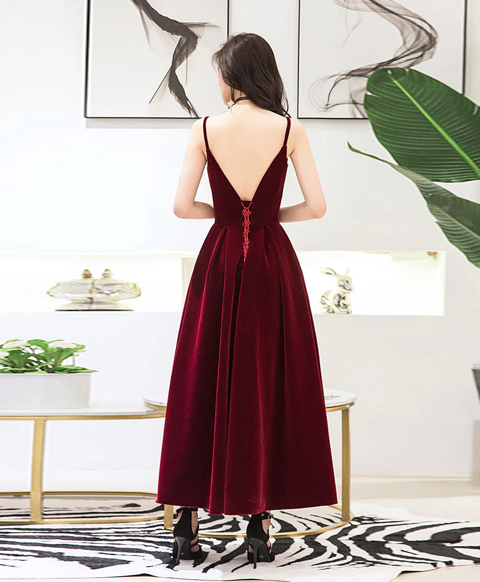 Burgundy Sweetheart Tea Length Prom Dress Burgundy Bridesmaid Dress - Deanwangkt