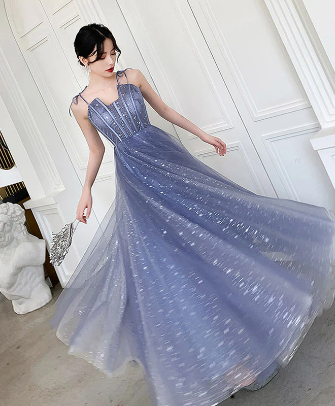 Blue Tulle Long Prom Dress, Blue Tulle Formal Dress - Deanwangkt