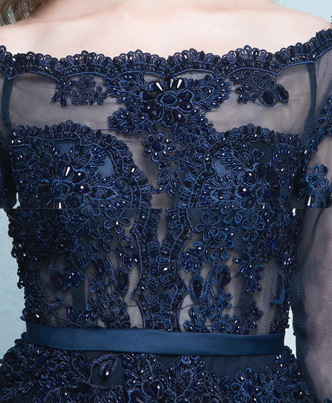 Dark Blue Lace Long Prom Dress, Long Sleeve Evening Dress - Deanwangkt