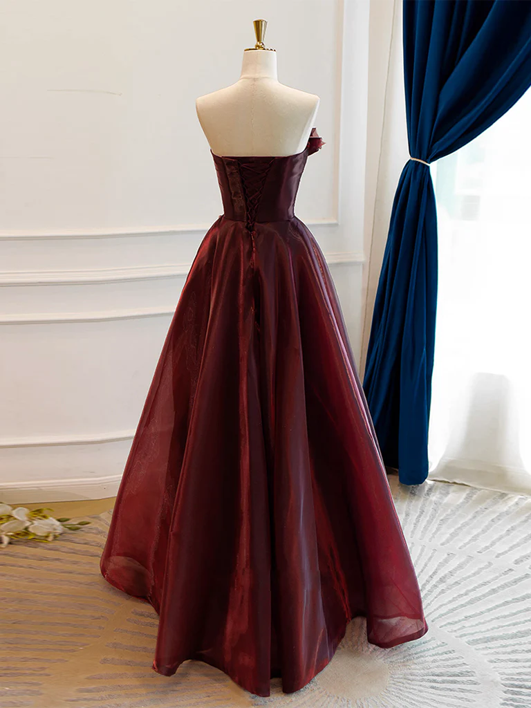 A-Line Burgundy Organza Burgundy Long Prom Dress, Burgundy Long Evening Dress - Deanwangkt
