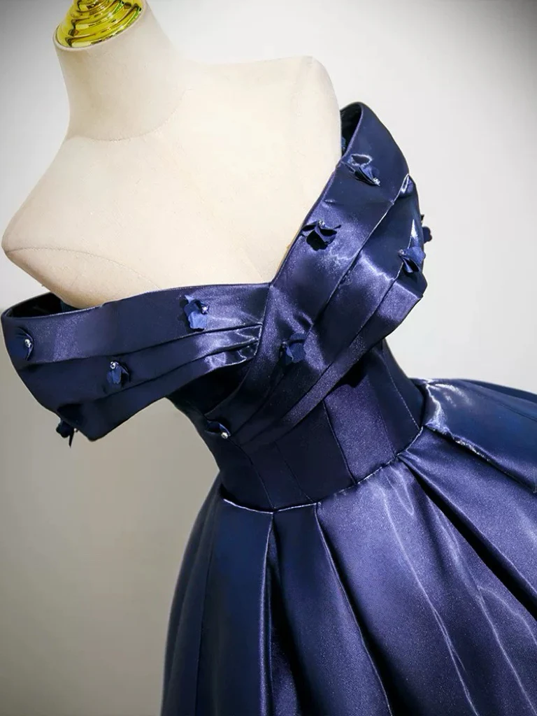 A-Line Off Shoulder Satin Dark Blue Long prom Dress, Dark Blue Long Formal Dress - Deanwangkt