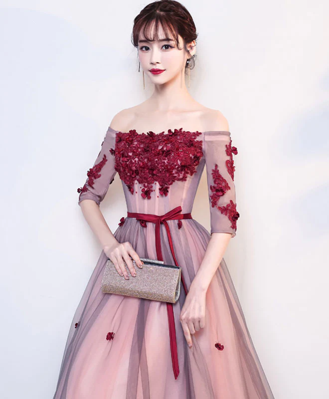 Burgundy Tulle Lace Long Prom Dress, Burgundy Tulle Evening Dress - Deanwangkt