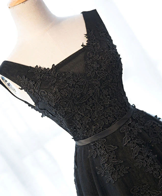 Black V Neck Tulle Lace Prom Dress, Lace Evening Dress - Deanwangkt