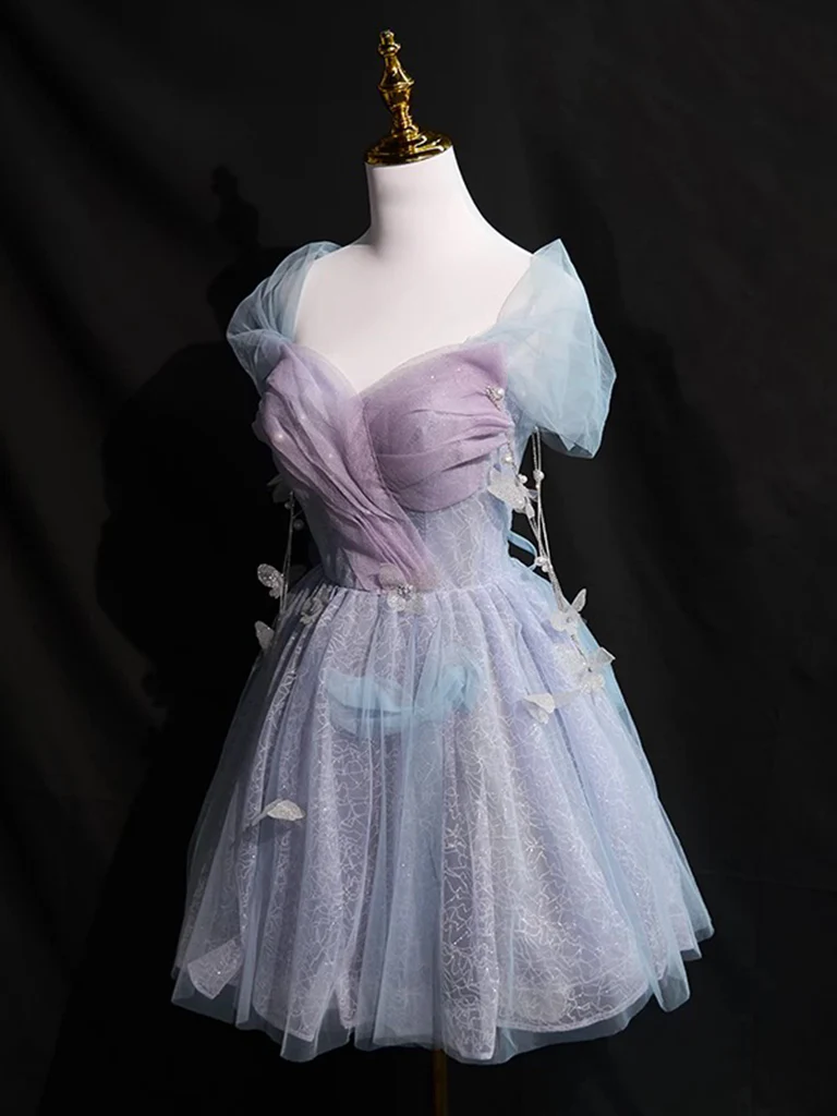 A-Line Off Shoulder Tulle Purple Short Prom Dress, Purple Homecoming Dress - Deanwangkt