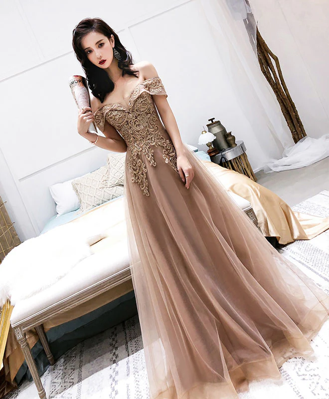 Champagne Tulle Off Shoulder Long Prom Dress, Tulle Evening Dress - Deanwangkt