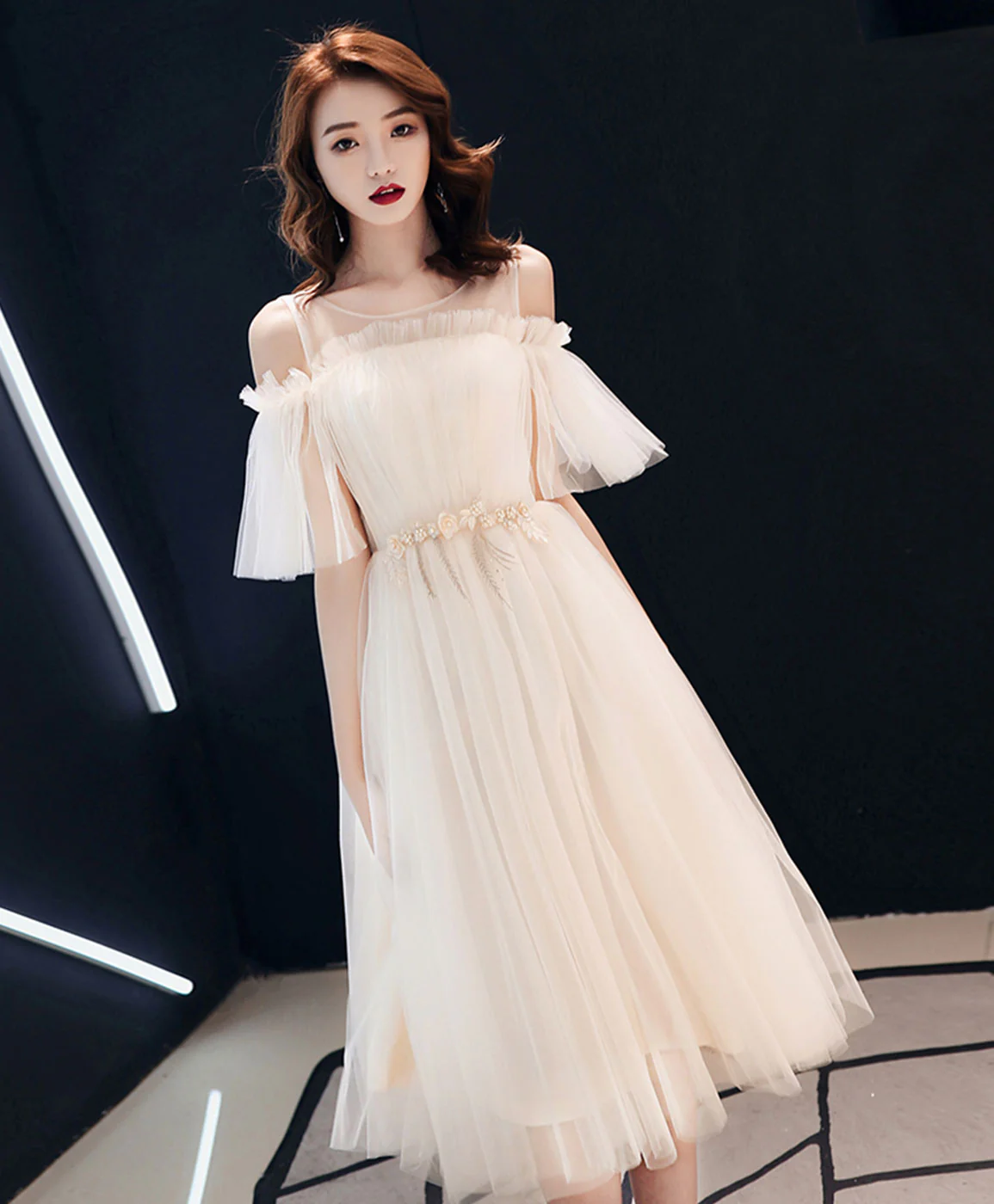 Light Champagne Tulle Short Prom Dress, Champagne Tulle Homecoming Dress - Deanwangkt