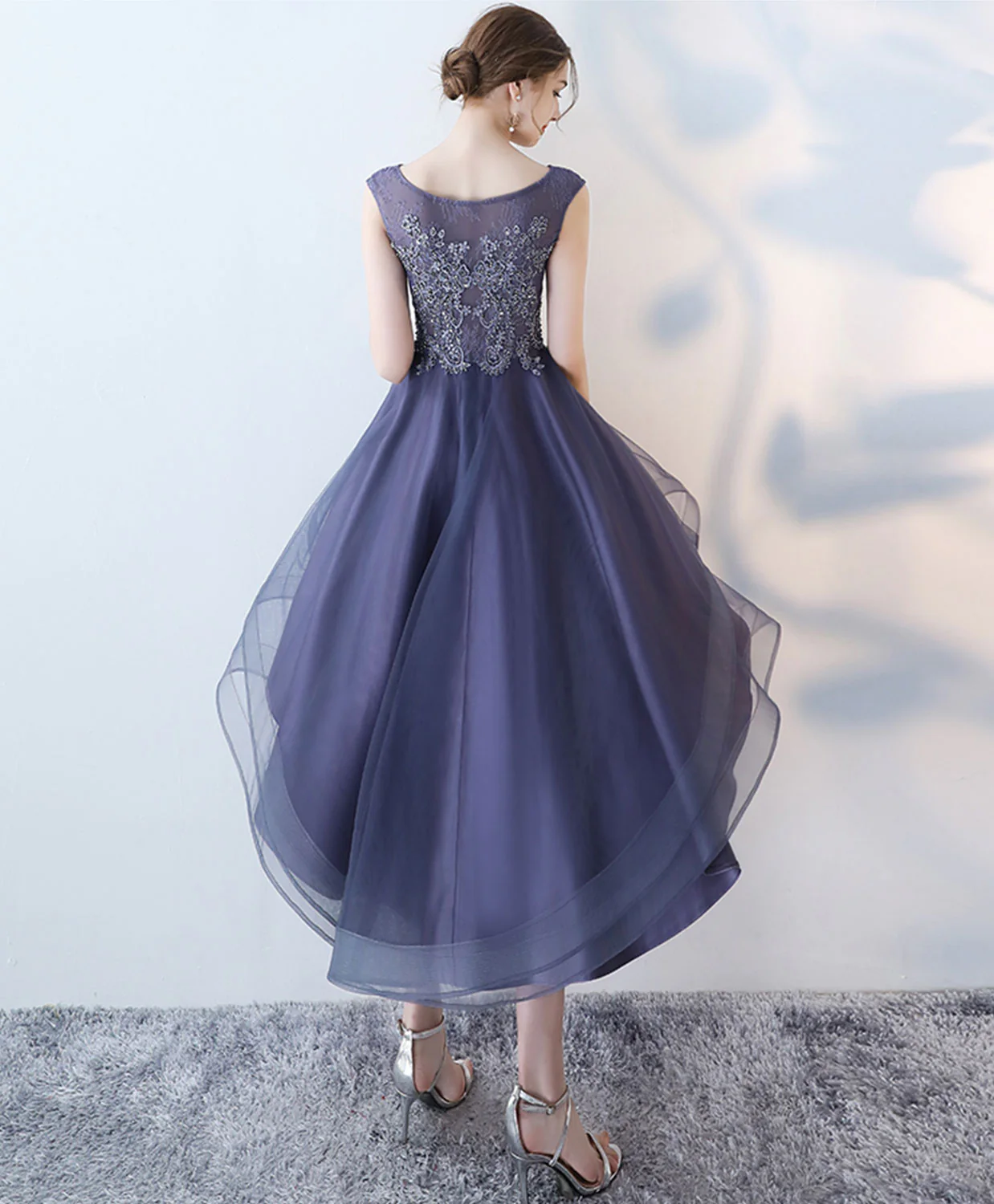 Purple Round Neck lace Tulle High Low Prom Dress, Homecoming Dress - Deanwangkt