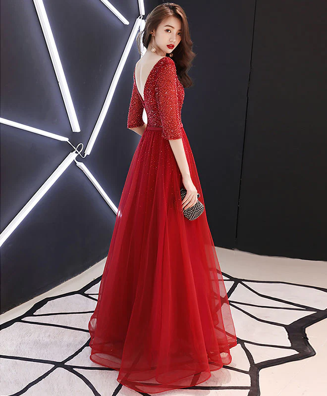 Burgundy Tulle Beads Long Prom Dress, Burgundy Tulle Evening Dress - Deanwangkt