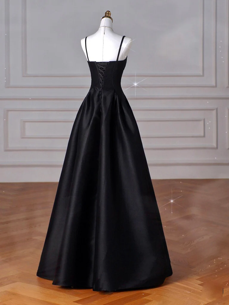 A-Line  Satin Black Long Prom Dress, Black Long Evening Dress - Deanwangkt
