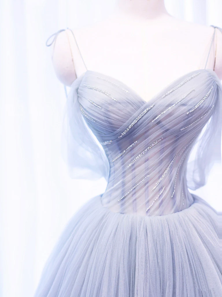 A-Line Off Shoulder Tulle Sequin Gray Long Prom Dress, Gray Tulle Formal Dress - Deanwangkt