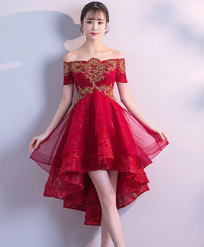 Burgundy Tulle Lace High Low Prom Dress, Burgundy Tulle Homecoming Dresses - Deanwangkt